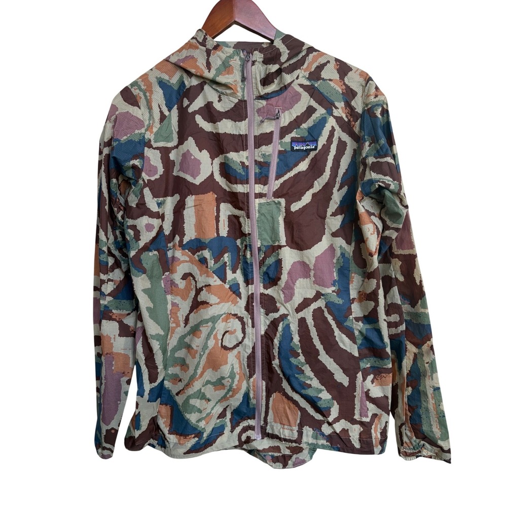 Patagonia Womens Houdini Jacket Large Abstract Camo Windbreaker Full Zip Hooded